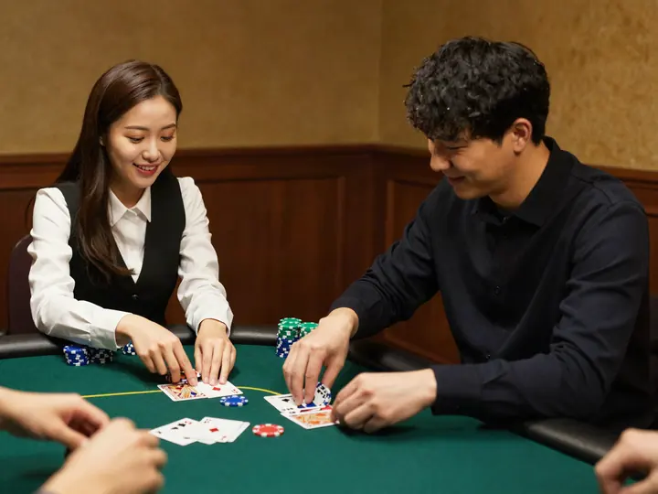 딜러가 처음 온 손님에게 홀덤 진행을 설명하는 모습